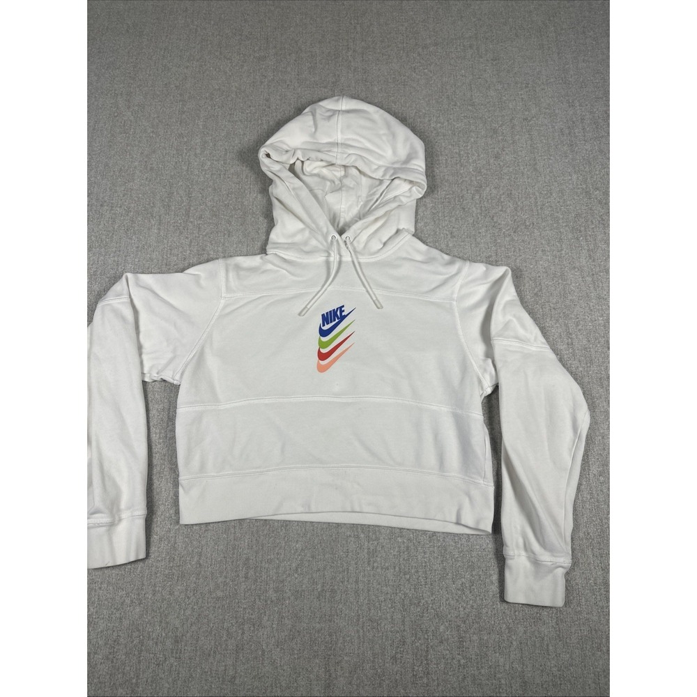 Nike Crop Hoodie Womens XS White Stacked Swoosh‎ Oversized Pullover Sweatshirt